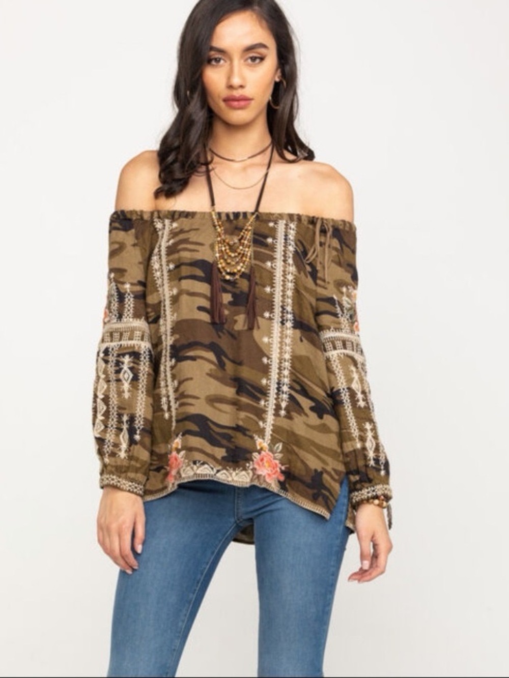 Johnny Was Embroidered Off-Shoulder Camo Paola Peasant Top Tie Blouse